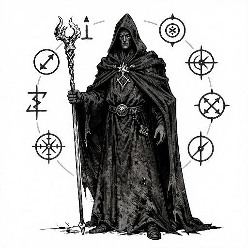 Black-and-white digital drawing of a hooded, robed sorcerer holding a staff with flames, surrounded by magical symbols. Grim, mysterious figure with
