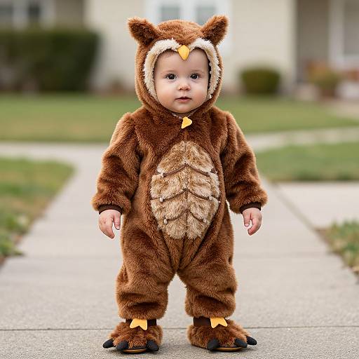 Photograph of a baby in a brown, owl-themed onesie with fluffy texture, standing on a suburban sidewalk, looking forward.
