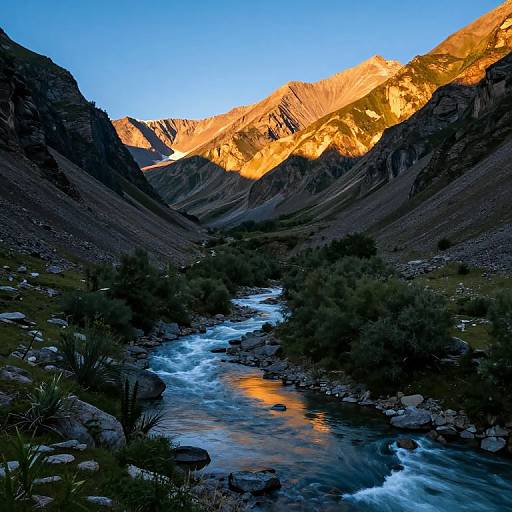 Photograph of a mountainous landscape at sunset, with a flowing river reflecting golden light, surrounded by dark, rocky hills and sparse greenery.