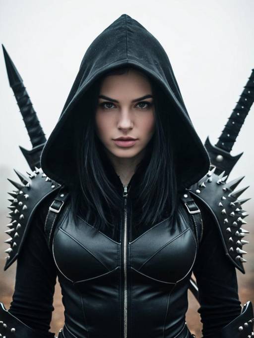Woman in Black Hooded Armor with Spiked Shoulder Guards
