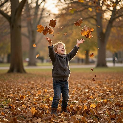 Photograph of a blonde, joyful toddler in a black jacket and blue jeans, standing in a leaf-filled park, arms raised as autumn leaves float around