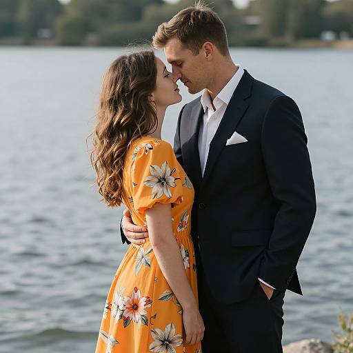 Photograph of a couple standing by a lake, kissing. The woman wears a bright orange floral dress, the man a black suit. Sunlight illumin