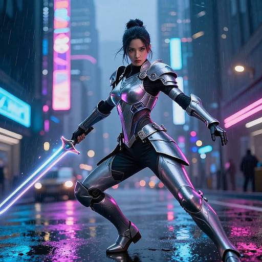 CGI image of a fierce, armored woman with dark hair in a bun, wielding a glowing blue sword in a neon-lit, rainy city street