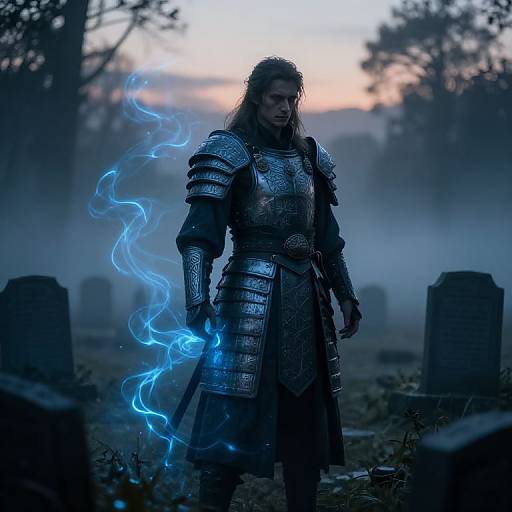 Photograph of a long-haired, armored warrior with glowing blue energy swirling from his hand, standing in a misty, twilight graveyard.