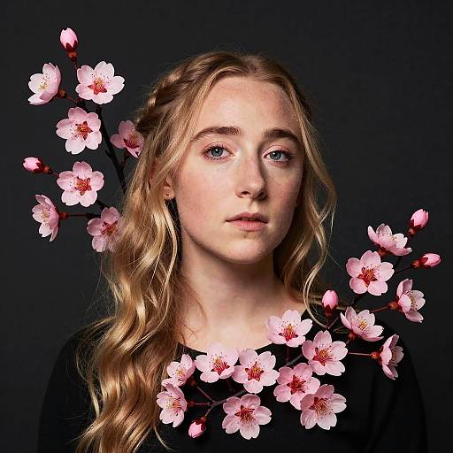 Photograph of a fair-skinned, blonde woman with wavy hair, wearing a black top, surrounded by pink cherry blossoms against a dark background