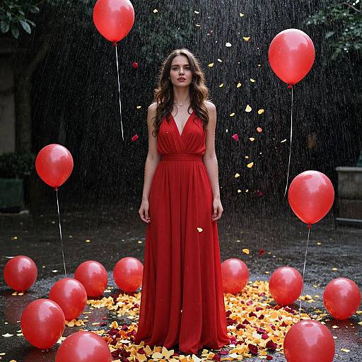Photograph of a brunette woman in a red, V-neck, floor-length dress standing under rain, surrounded by red balloons and yellow leaves.