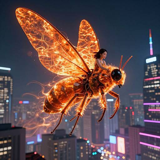 Digital art: A glowing, fiery giant insect with transparent, orange wings carries a small woman over a neon-lit, futuristic cityscape at night.
