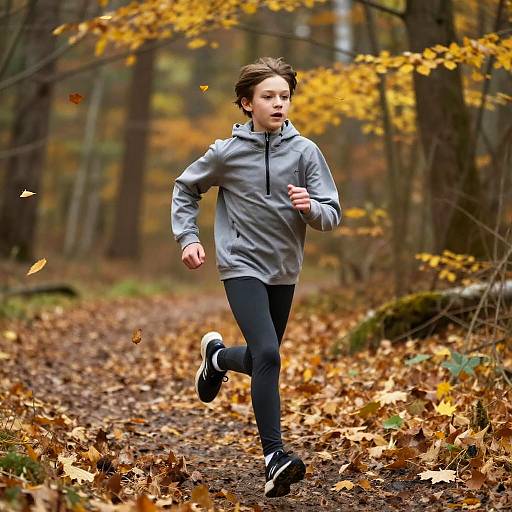 Photograph of a young woman running through a forest path covered in autumn leaves, wearing a gray hoodie, black leggings, and black sneakers. Yellow and