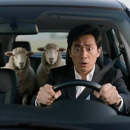 Shocked man driving car with sheep passengers