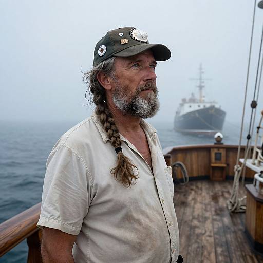 Seasoned Coastguard Amid Foggy Voyage