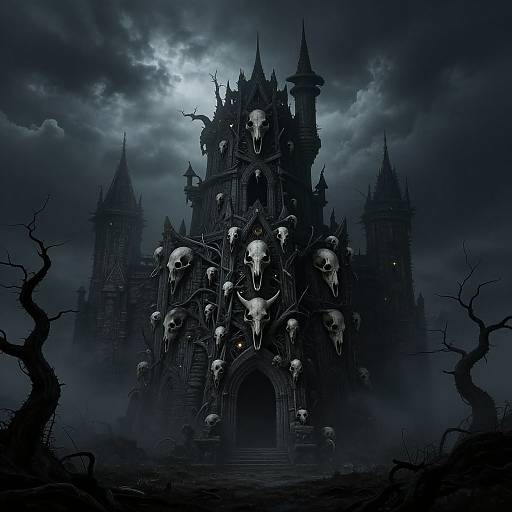 Digital artwork of a dark, gothic castle with skeletal skulls hanging from its facade, under a cloudy, moonlit sky with twisted, leafless trees