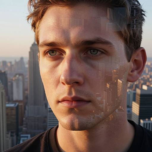 Digital photo of a young white man with short brown hair and blue eyes, partially pixelated on the right, set against a cityscape backdrop of tall