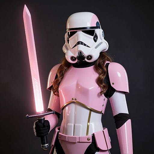 Photograph of a woman in pink Stormtrooper armor holding a glowing pink lightsaber, with long brown hair visible beneath the helmet, against a black