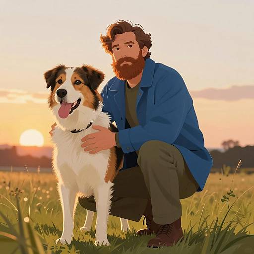 Man and Dog in Golden Sunset Field