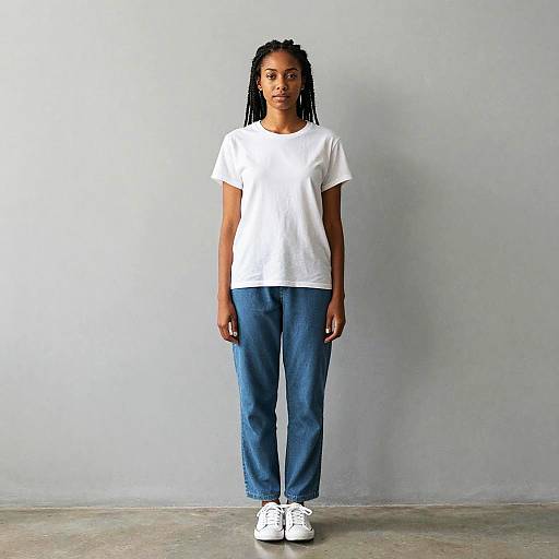 Photograph of a young Black woman with dreadlocks, wearing a plain white t-shirt, blue loose pants, and white sneakers, standing against a plain