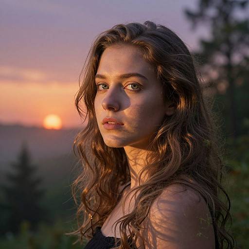 Photograph of a young woman with wavy brown hair, fair skin, and intense gaze, bathed in sunset light, with a blurred forest background