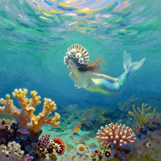 Colorful underwater photograph of a mermaid with a shimmering blue tail and seashell crown, swimming among vibrant coral reefs.