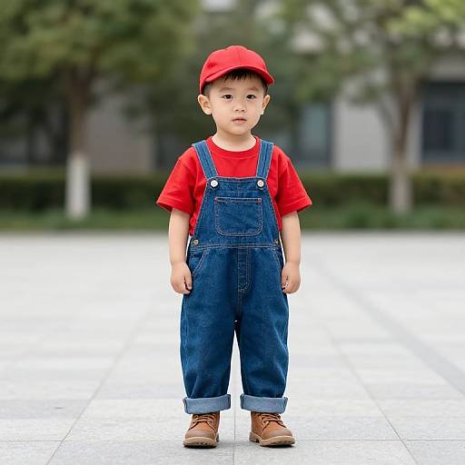 Photograph of a young Asian boy in red shirt, blue overalls, red cap, and brown boots, standing on a paved area with blurred green