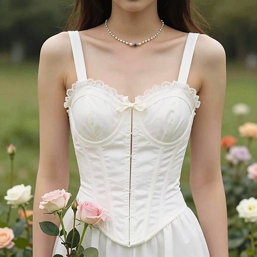Young Woman in White Corset Dress Holding Roses