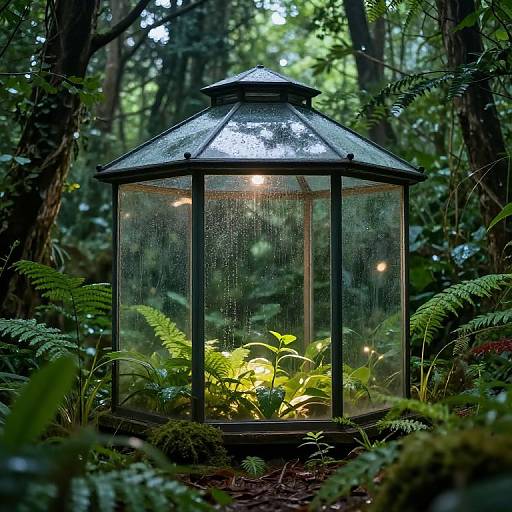 Photograph of a glass greenhouse lantern with raindrops, illuminating lush green ferns in a dense, misty forest.