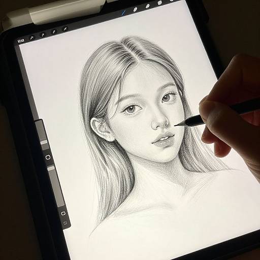 Photorealistic pencil drawing on a tablet of a young woman with long hair, being detailed by a hand with a pen.