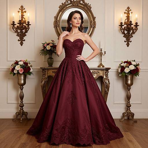 Photograph of a fair-skinned woman with dark hair in a strapless, deep burgundy, lace-embellished ball gown, standing before