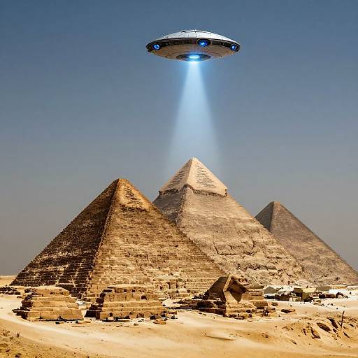 Photograph of three ancient Egyptian pyramids under a clear blue sky, with a glowing UFO hovering above, casting a bright beam.