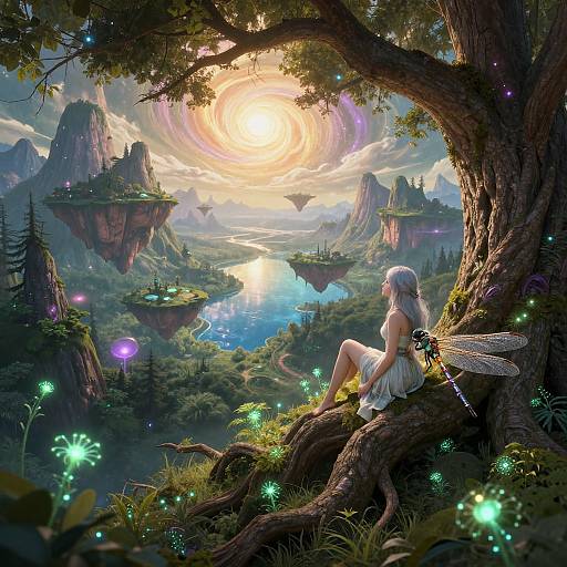 Fantasy digital painting: Silver-haired fairy with wings sitting on tree, overlooking glowing landscape with floating islands, mountains, and swirling sun.