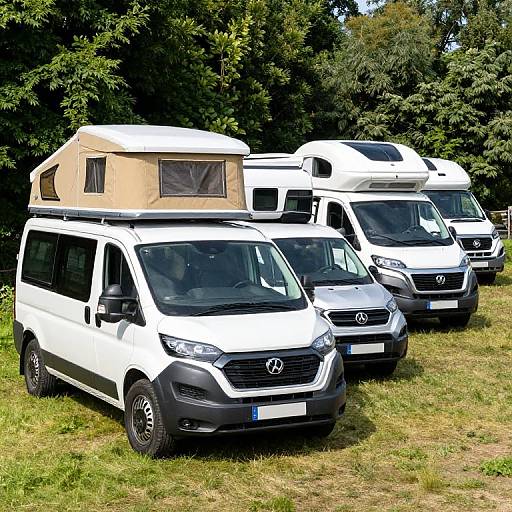 Photograph of three white campervans parked on grass, with a beige pop-up roof on the front van, surrounded by dense green trees. Bright