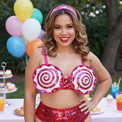 Photograph of a smiling, curvy Latina woman with wavy brown hair, wearing a red sequin bikini with spiral breast cups, red sequin