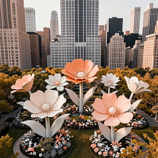 Photograph of a cityscape with oversized, pastel-colored flower sculptures in the foreground, surrounded by a garden with small flowers and greenery, set