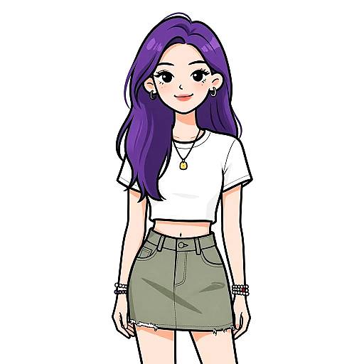 Digital anime-style drawing of a young woman with long purple hair, wearing a white crop top, green skirt, and jewelry.