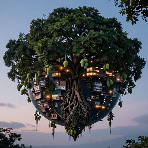Fantastical digital artwork of a treehouse village suspended by a large tree, featuring glowing windows and hanging green fruits against a twilight sky.
