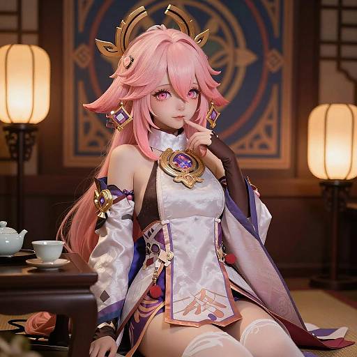 Pink-Haired Girl in Lantern Glow