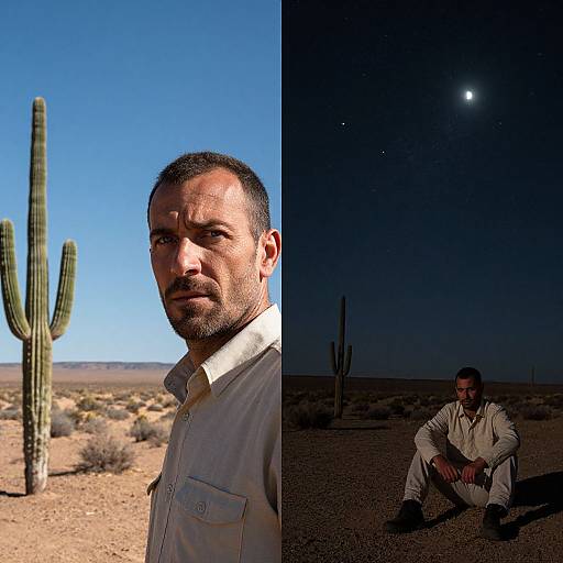 Photograph: Close-up of bearded man in white shirt beside tall cactus under blue sky, split with nighttime desert scene under moonlight.