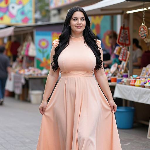 Photograph of a plus-sized woman with long black hair in a peach, floor-length dress, standing confidently in a vibrant, colorful outdoor market.