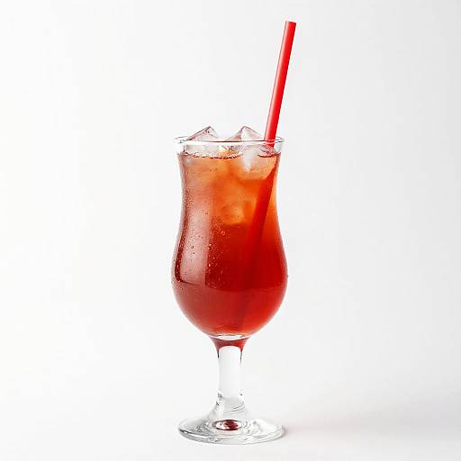 Photograph of a red, iced cocktail in a tall, curved glass with a red straw, on a white background.