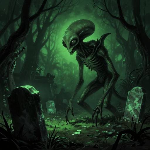 Digital artwork of a sinister, alien-like creature with a large, dome-shaped head, standing in a dark, eerie graveyard illuminated by green light.