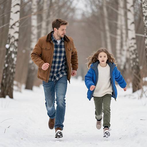 Father and Daughter Running in Snowy Forest