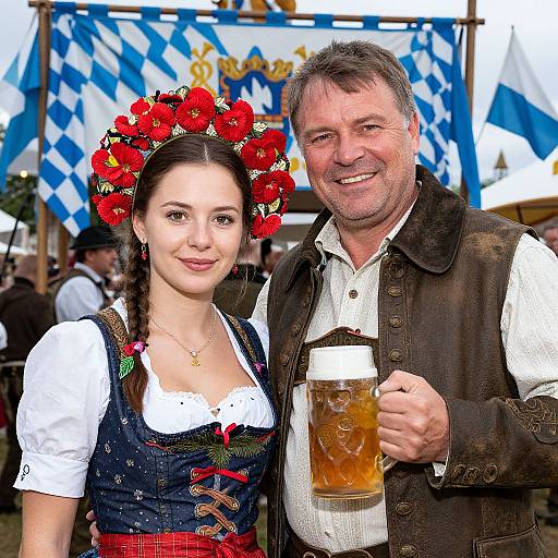 Photograph of a smiling couple at an Oktoberfest celebration; woman in traditional Bavarian dress with red flower crown, man holding beer mug, blue and