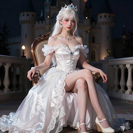 Elegant Princess in White Dress Sitting at Castle