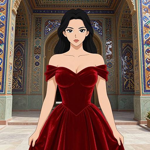 Digital anime-style drawing of a fair-skinned woman with long black hair, wearing an off-shoulder red velvet gown, standing in an ornate