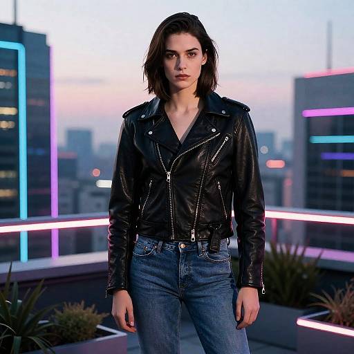 Neon Rooftop Portrait: Vintage Leather Style