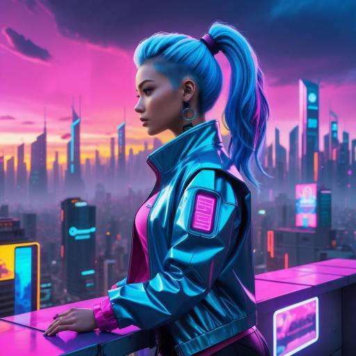 Cyberpunk Woman with Blue Hair at Cityscape
