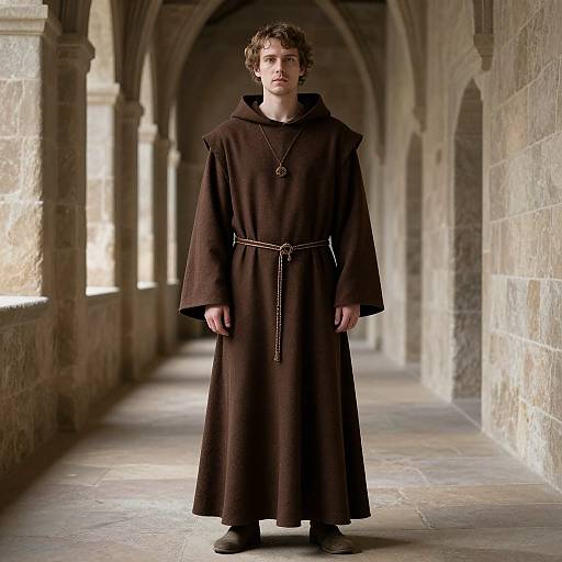 Photograph of a young man with curly brown hair, wearing a long, dark brown monk's robe, standing in a medieval stone corridor with arches