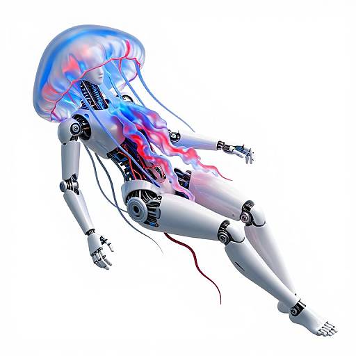 Digital artwork of a humanoid robot with a translucent jellyfish-like head, featuring blue, red, and pink bioluminescent tendrils, floating against