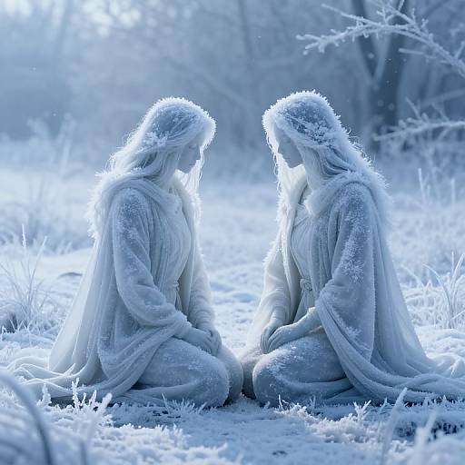 Photograph of two ethereal, blue-tinted, snow-covered figures kneeling in a frosty forest, facing each other, with glowing light between