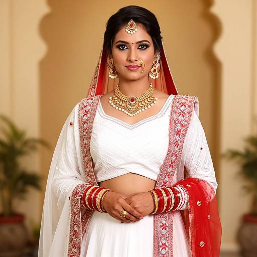 Photograph of a South Asian bride in white and red traditional attire, adorned with gold jewelry, standing in an ornate, beige archway.