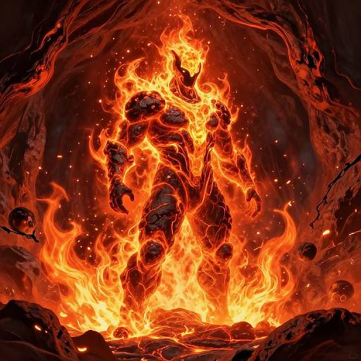 Digital artwork of a fiery, muscular humanoid figure with glowing orange and red flames engulfing dark, rocky surroundings, creating a dramatic, intense scene.