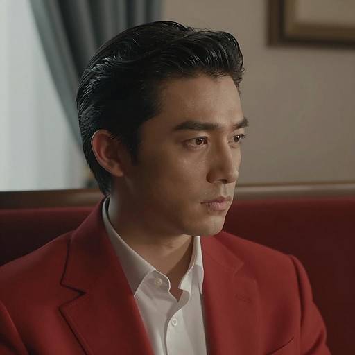 Man in Red Jacket Looking Intently to the Side